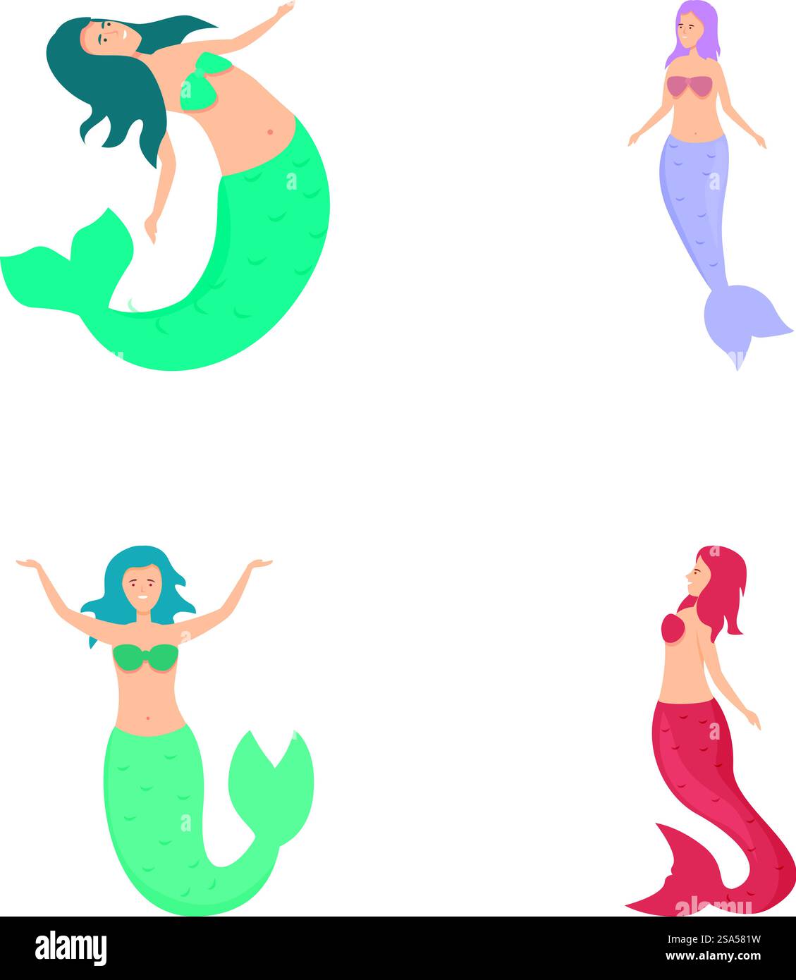 Collection de personnages de sirène colorés avec diverses poses et couleurs de queue. Ensemble de quatre illustrations de sirène diverses Illustration de Vecteur