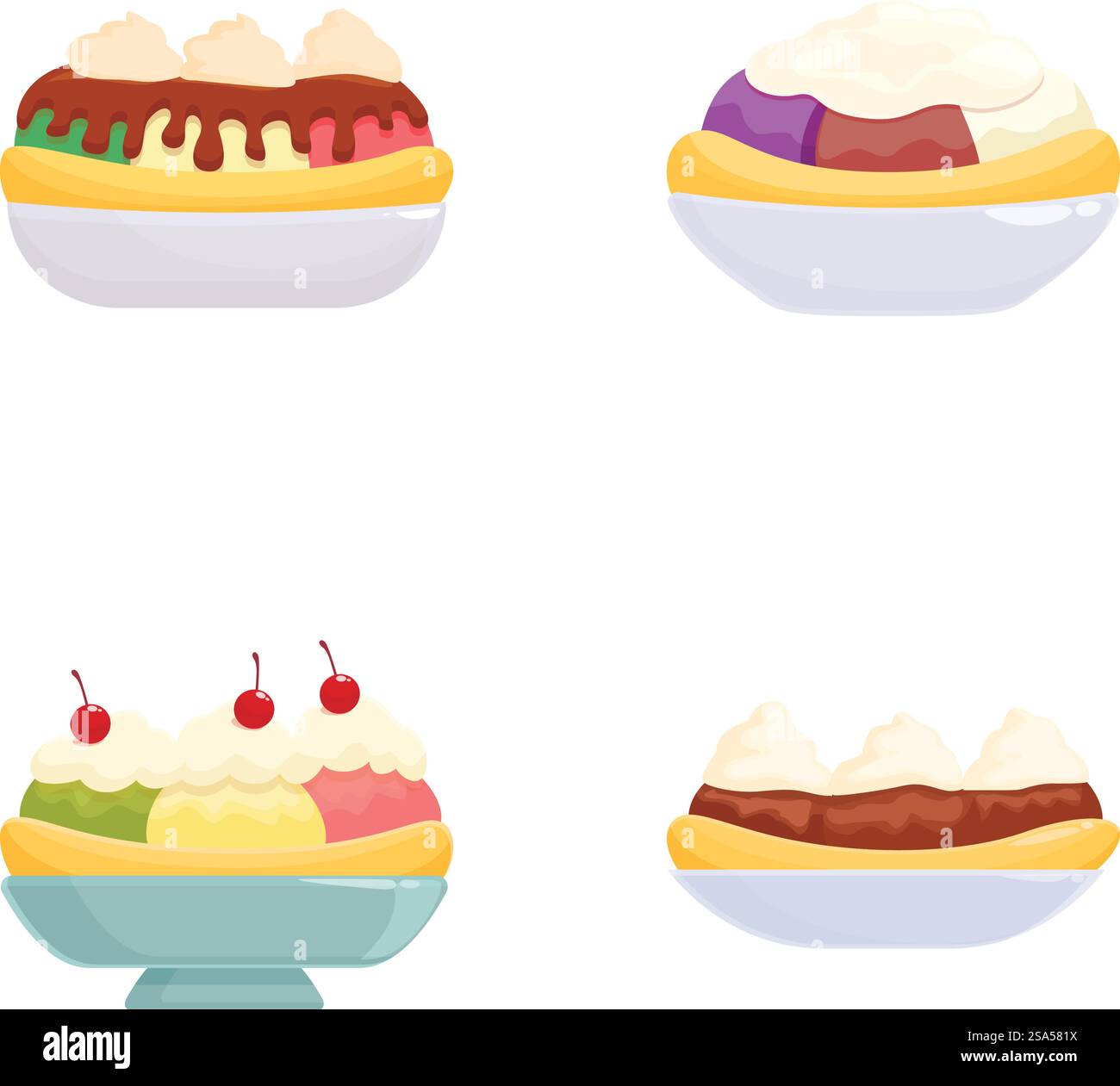 Ensemble vectoriel de desserts assortis délicieux et coloré avec des friandises sucrées, des confiseries savoureuses et une collection d'illustrations de collations gourmandes tentantes pour les concepts de conception de menu, de boulangerie et de confiserie. Collection de quatre illustrations vectorielles mettant en vedette des plats de dessert colorés et délicieux Illustration de Vecteur