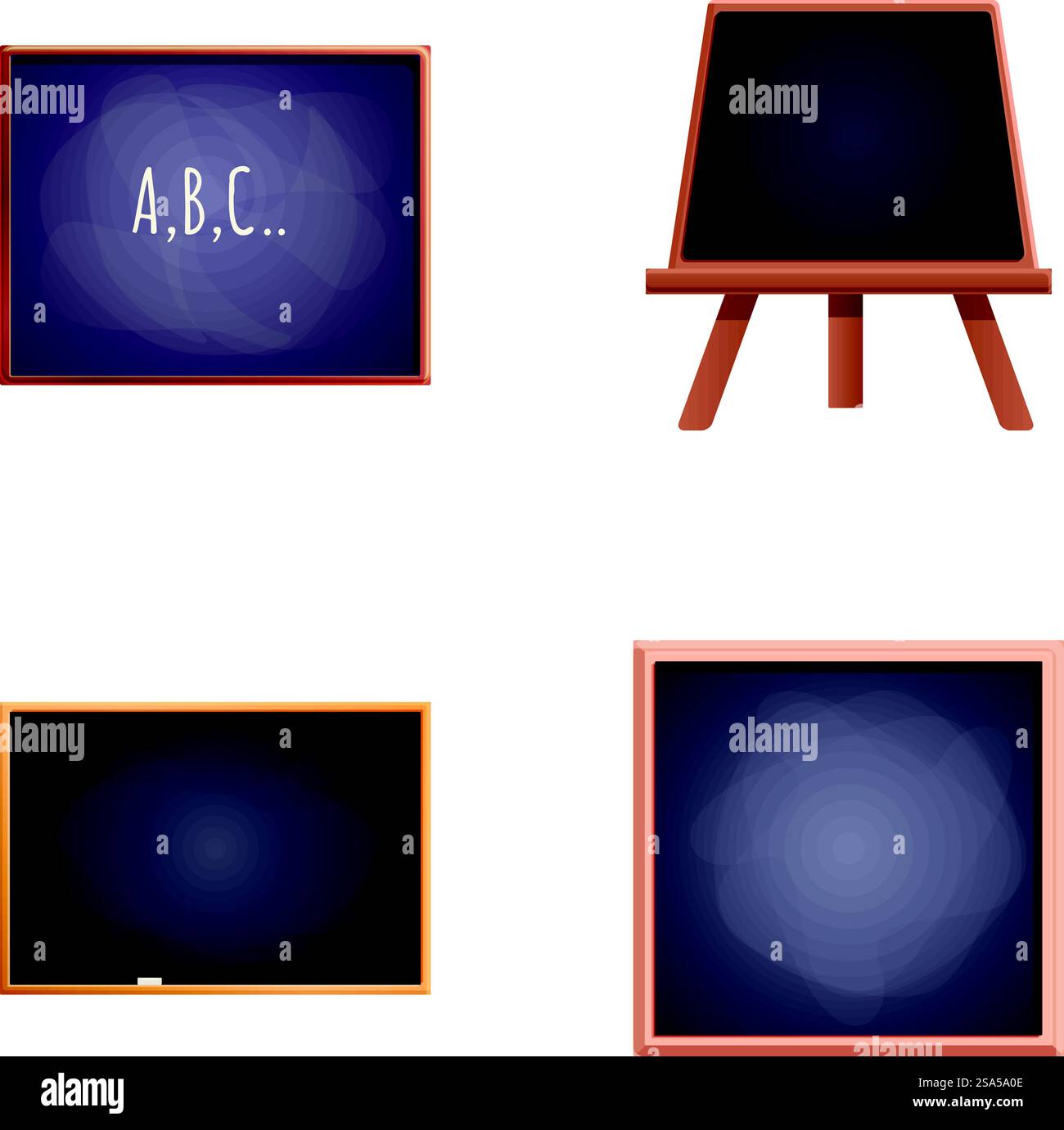 Diverses icônes de tableau noir définissent le vecteur de dessin animé. Tableau noir dans un cadre en bois. Matériel scolaire, éducation. Diverses icônes de tableau noir définissent le vecteur de dessin animé. Tableau noir dans un cadre en bois Illustration de Vecteur