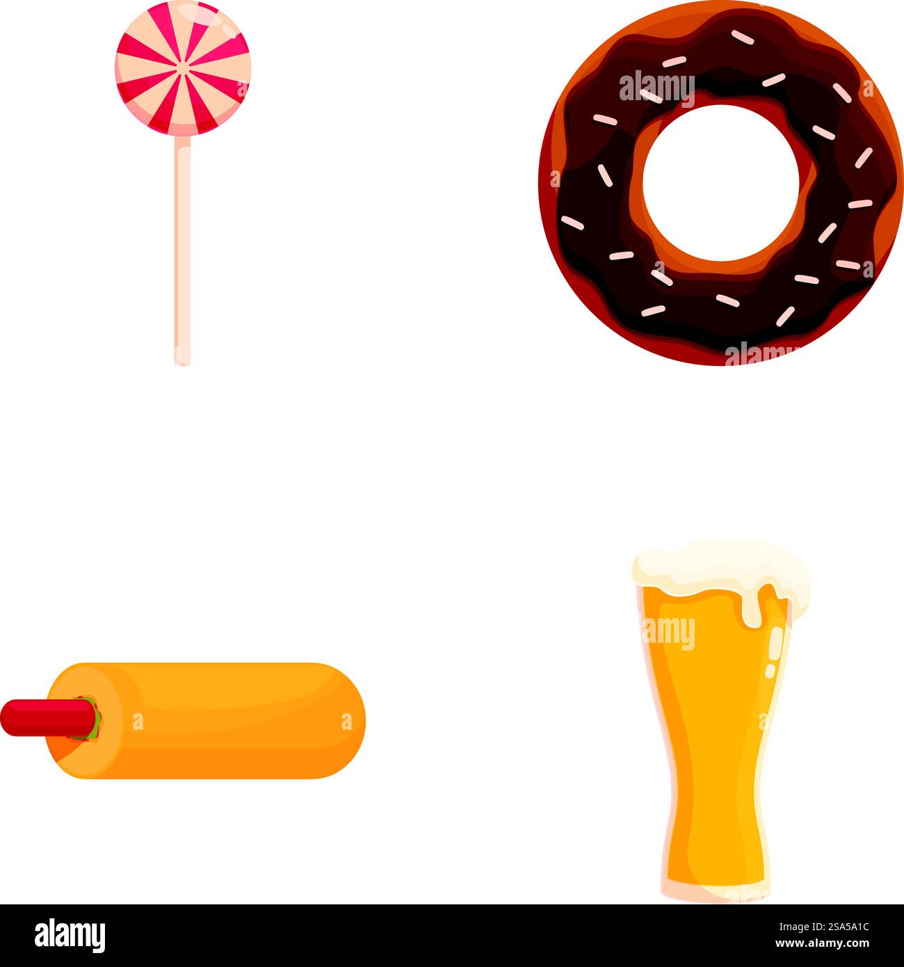 Illustration graphique d'une sucette, beignet, hot dog et tasse de bière, isolé sur blanc. Icônes vectorielles de friandises sucrées et de restauration rapide Illustration de Vecteur