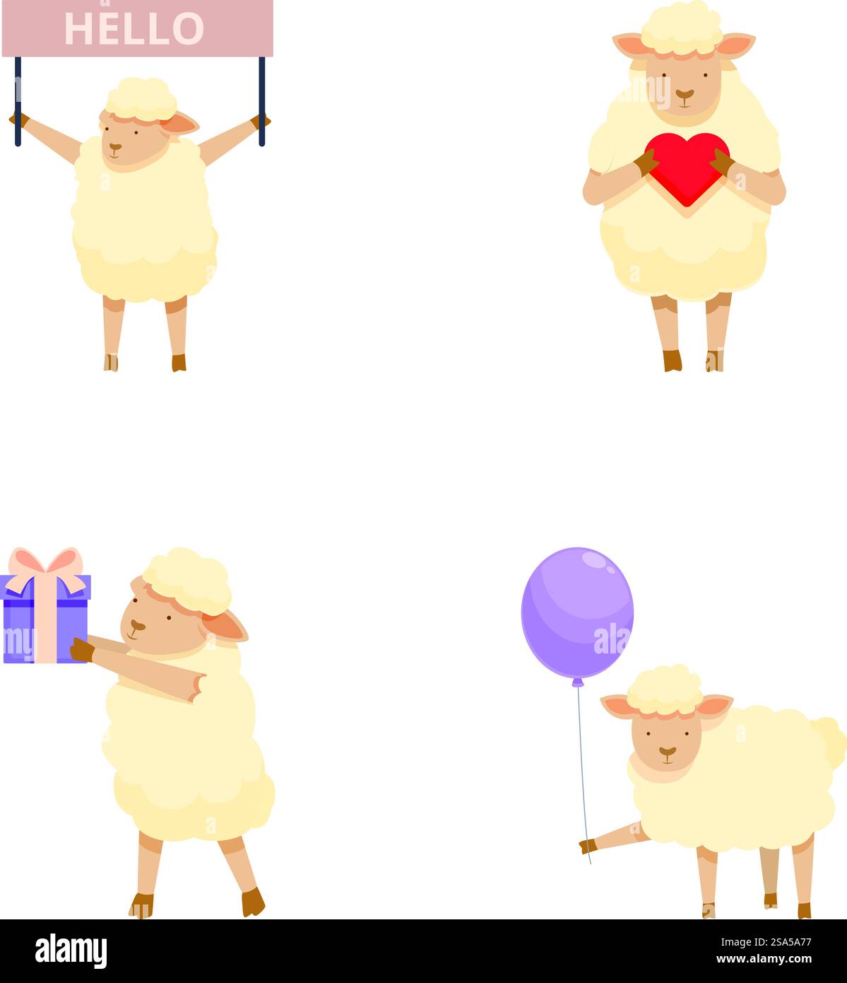 Collection de moutons de dessin animé mignon avec un signe, un cœur, un cadeau et un ballon. Adorable mouton de dessin animé dans diverses poses Illustration de Vecteur
