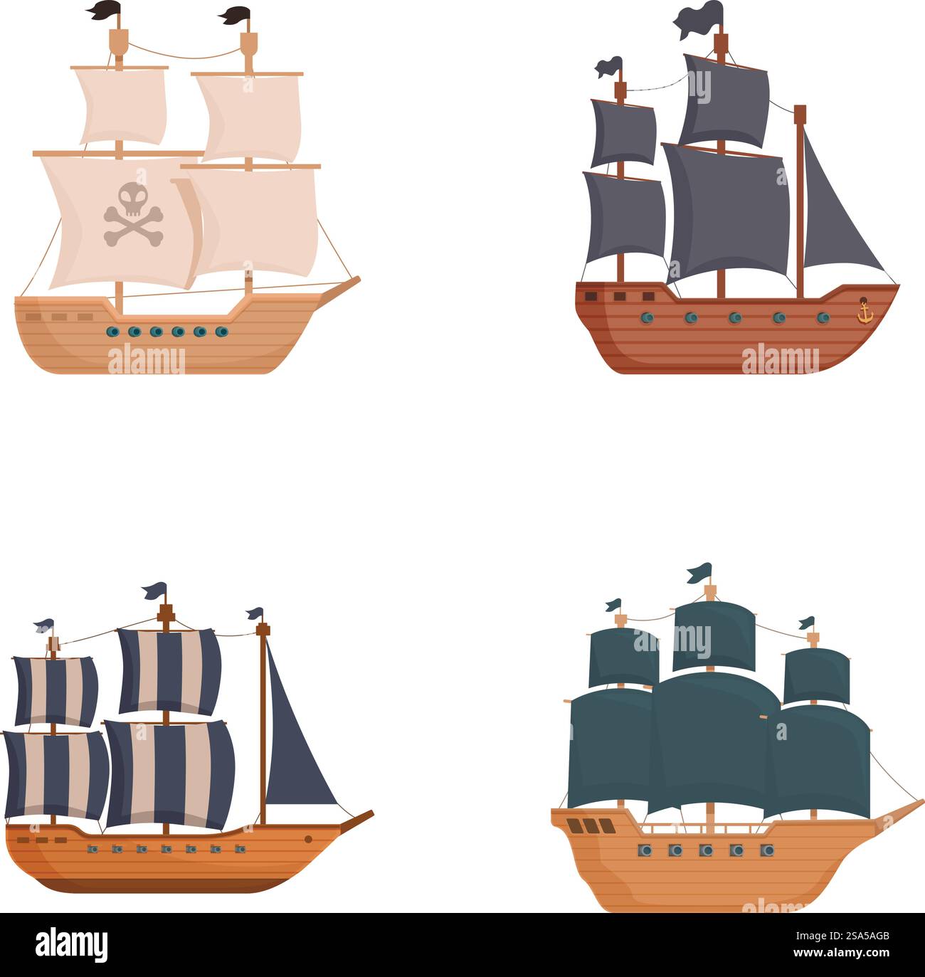Collection d'illustrations mettant en vedette quatre bateaux pirates de dessins animés différents avec divers dessins de voile sur un fond blanc. Ensemble de navires pirates de bande dessinée sur fond blanc Illustration de Vecteur
