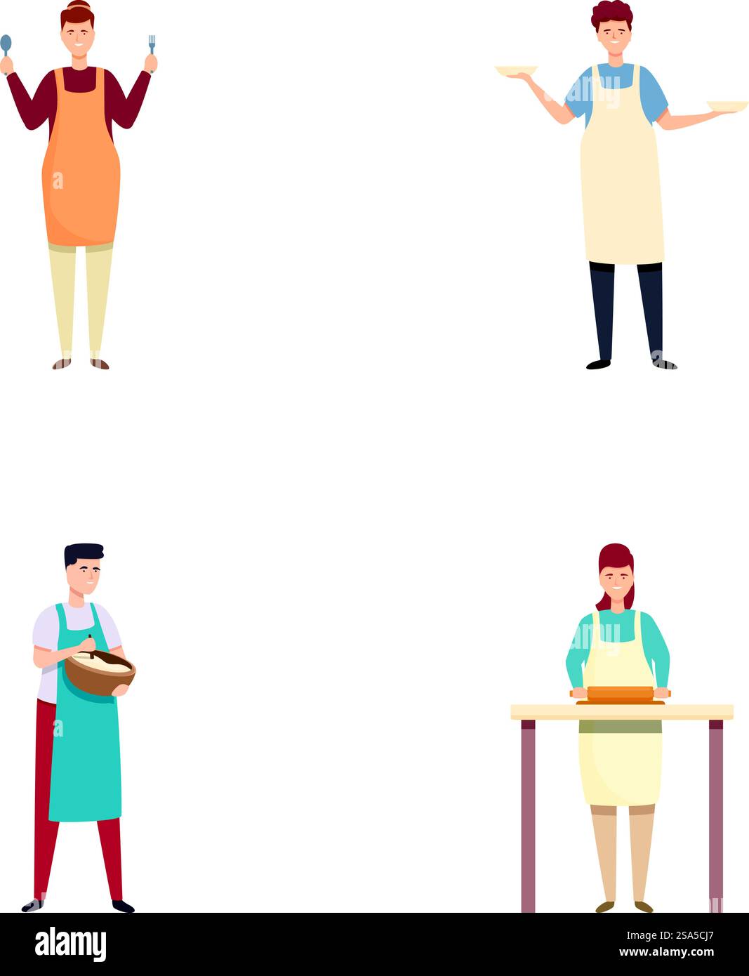 Collection de quatre chefs illustrés présentant différentes actions culinaires, isolés sur blanc. Ensemble de chefs professionnels dans diverses poses Illustration de Vecteur