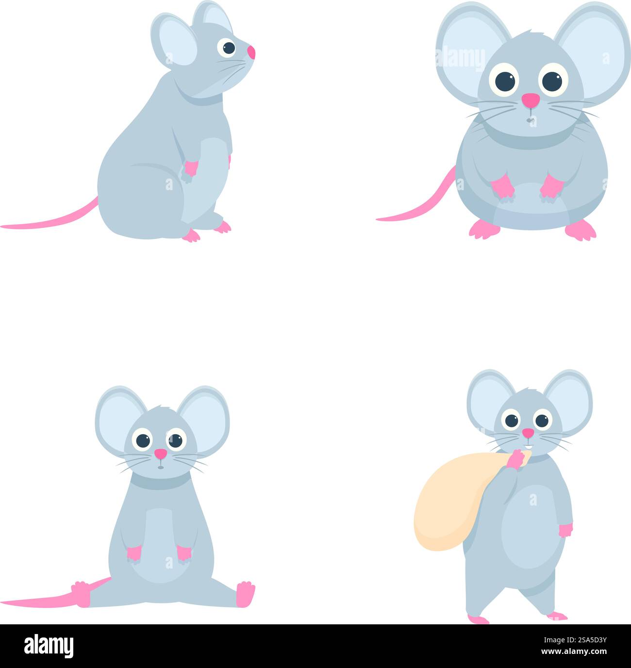 Quatre charmantes souris de dessin animé dans diverses poses, isolées sur un fond blanc. Ensemble de jolies illustrations de souris de dessin animé Illustration de Vecteur
