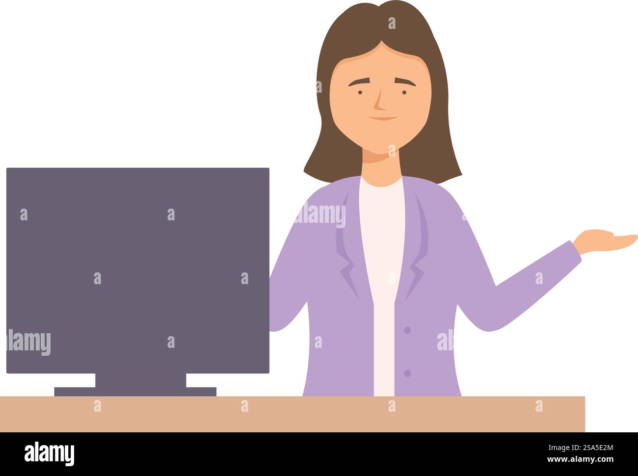 Femme d'affaires se tient près de la table et montre quelque chose avec sa main. Femme d'affaires présentant quelque chose près de l'écran d'ordinateur sur la table Illustration de Vecteur