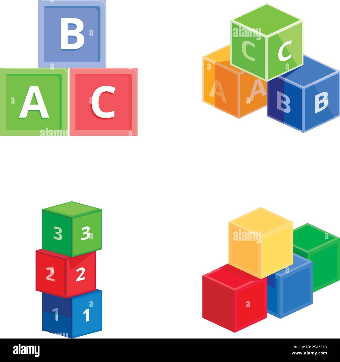 Illustration vectorielle isométrique de blocs de jouets de lettres et de chiffres dans des couleurs vives, isolés. Alphabet coloré et blocs de chiffres sur fond blanc Illustration de Vecteur