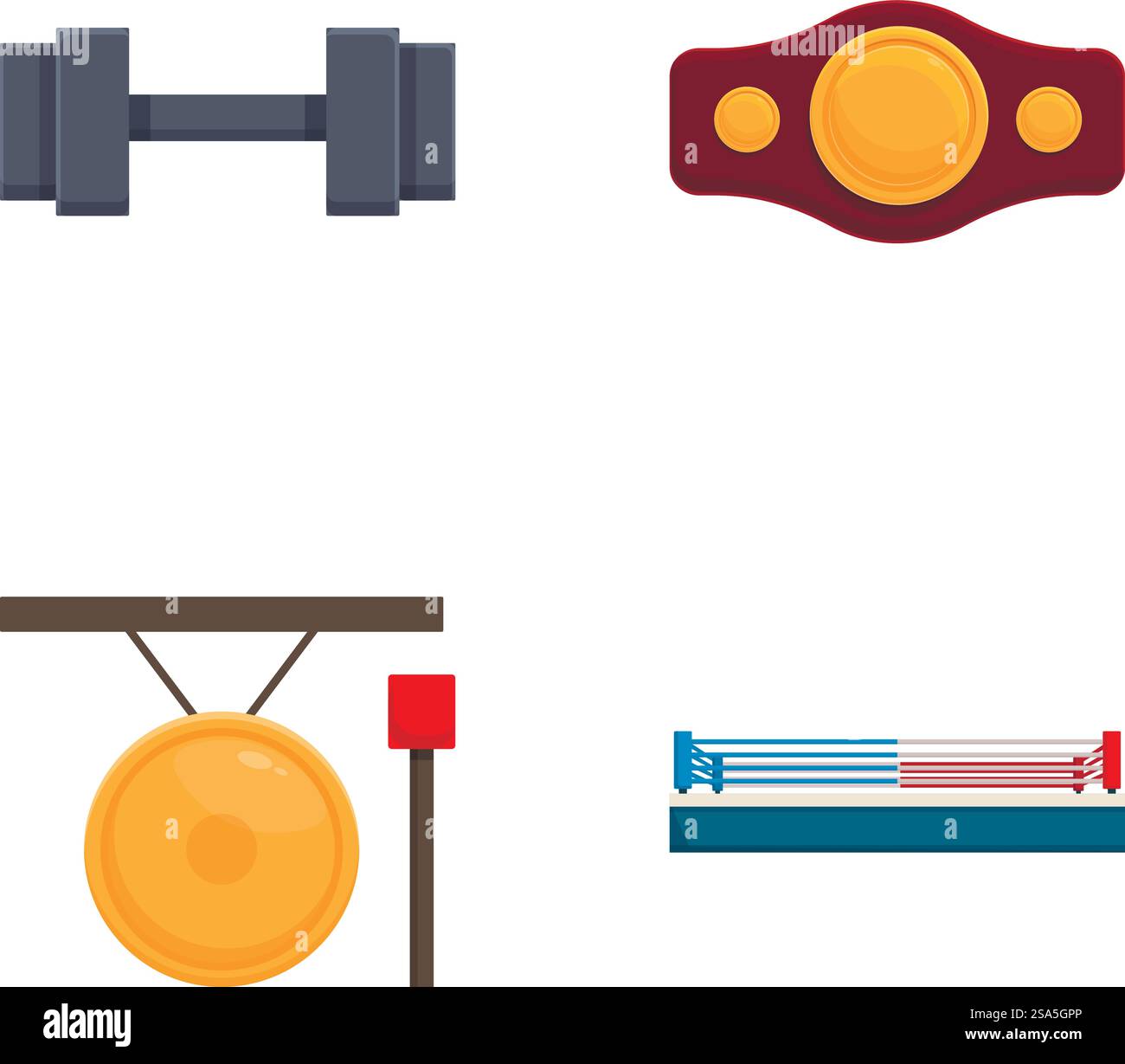 Illustration des icônes de fitness, y compris un haltère, ceinture de championnat, punchbag et banc de gymnastique. Ensemble d'icônes d'équipement de gymnastique et d'haltérophilie Illustration de Vecteur
