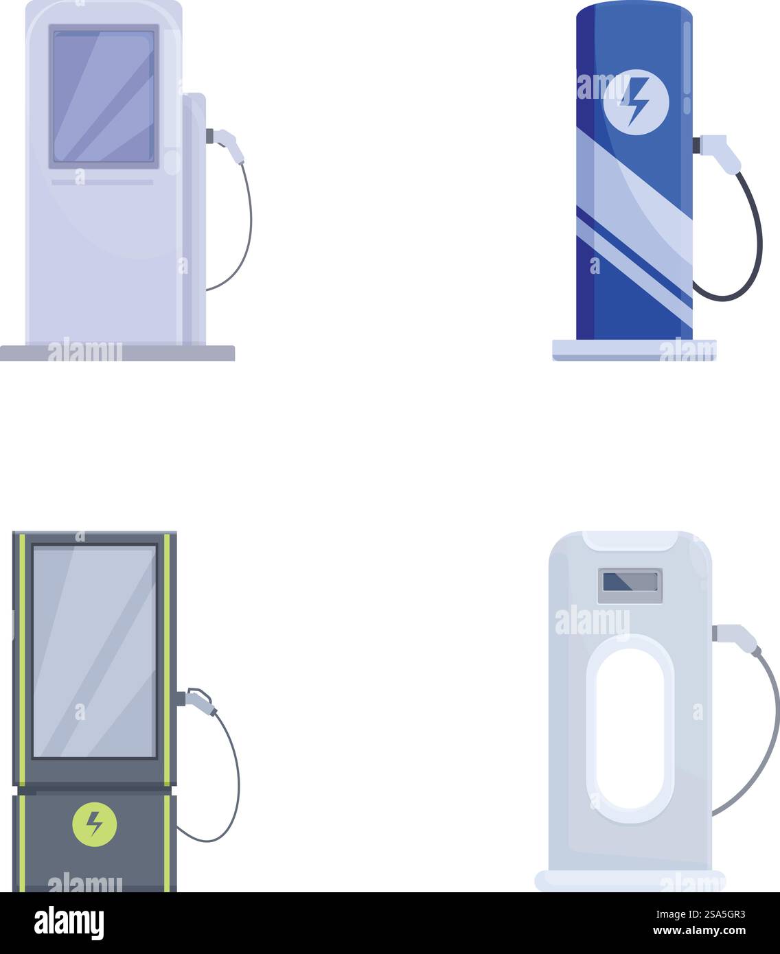 Collection de quatre icônes de design plat différentes représentant les chargeurs de véhicules électriques. Ensemble d'icônes de stations de charge de véhicules électriques Illustration de Vecteur