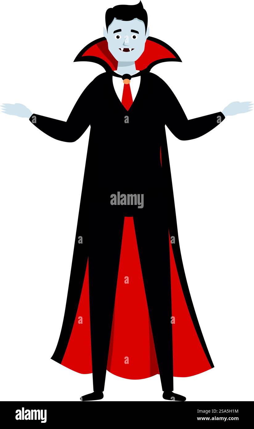 Vampire portant un costume et une cape rouge déploie ses bras grands ouverts, montrant ses crocs. Dracula portant un costume et une cape rouge déploie ses bras grands ouverts Illustration de Vecteur