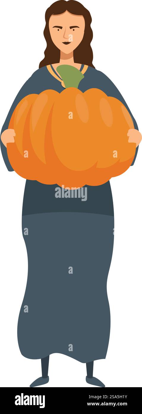 La jeune femme tient une grande citrouille mûre, se préparant pour les festivités d'halloween. Jeune femme tenant une grande citrouille mûre pour la célébration d'halloween Illustration de Vecteur