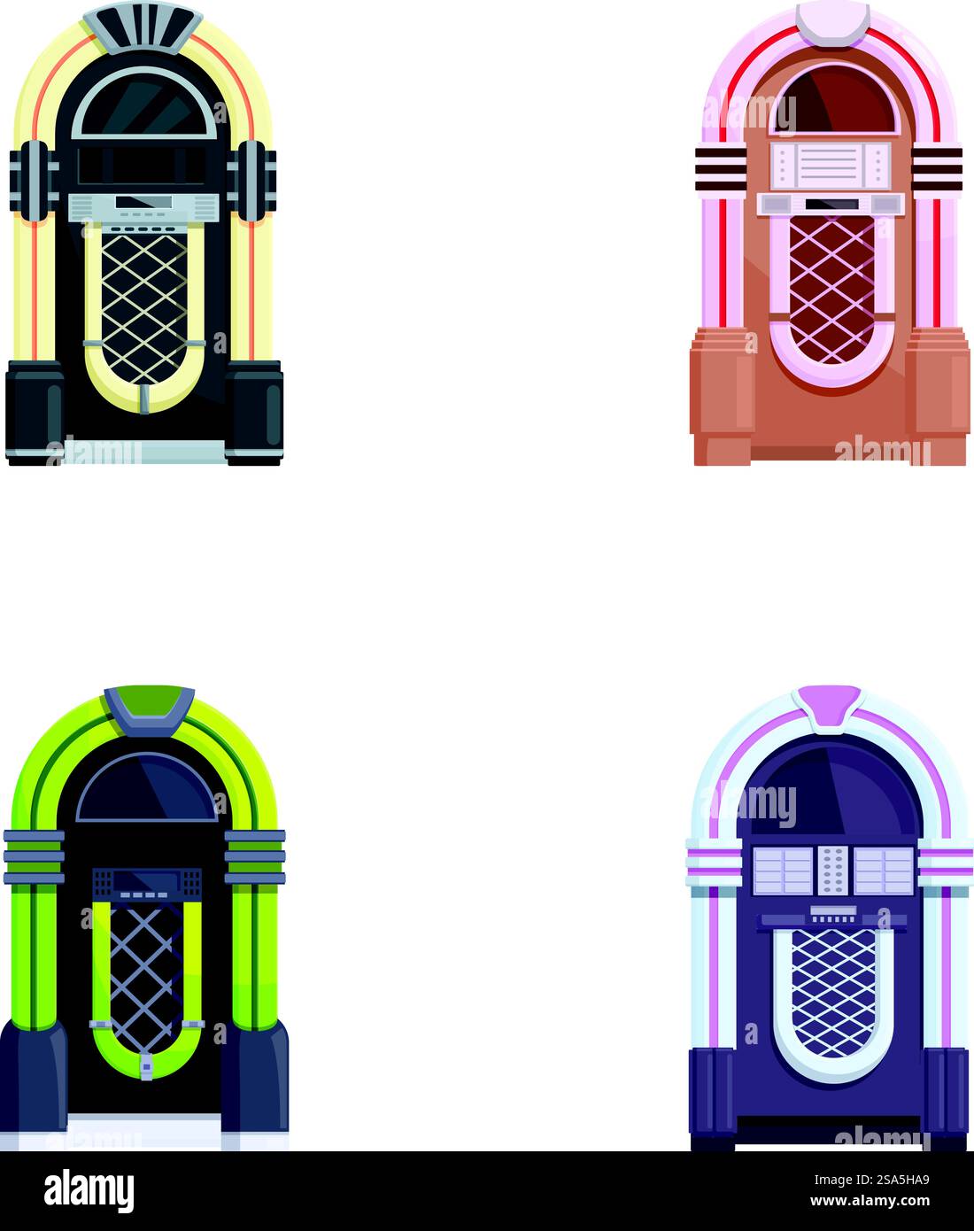 Ensemble de quatre illustrations de juke-box classiques dans différentes combinaisons de couleurs sur un fond blanc. Collection de juke-box vintage en différentes couleurs Illustration de Vecteur