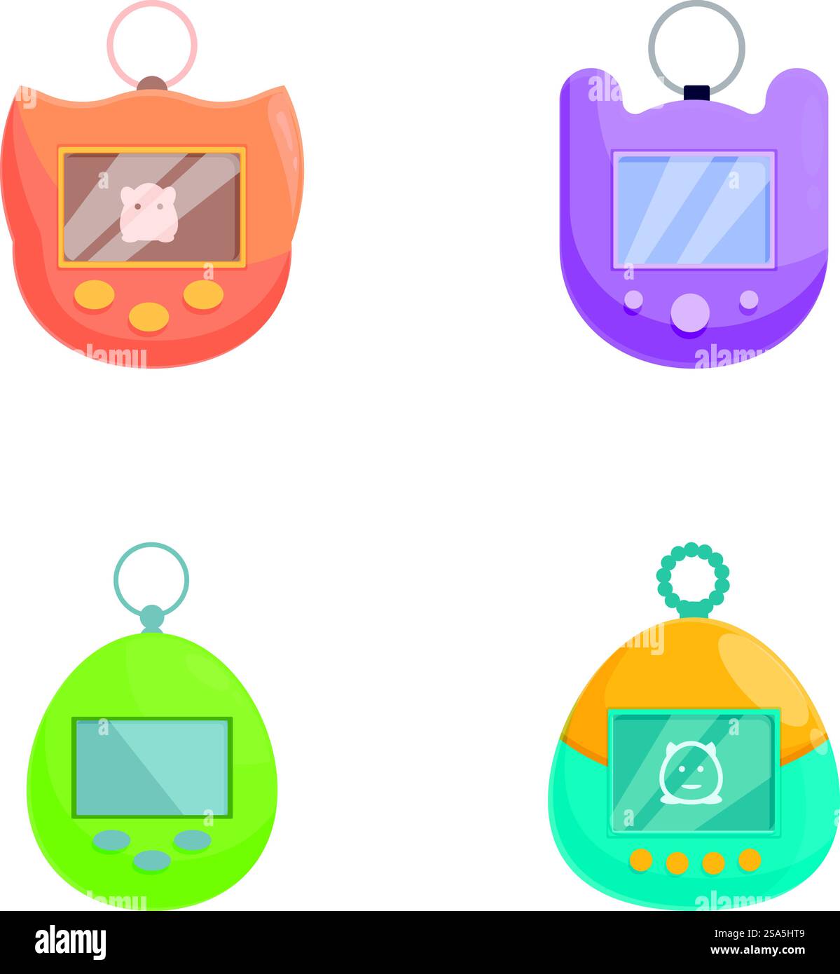 Quatre dispositifs virtuels pour animaux de compagnie aux couleurs vives, chacun avec un design unique, isolé sur fond blanc. Ensemble d'icônes colorées de jouets virtuels pour animaux de compagnie Illustration de Vecteur