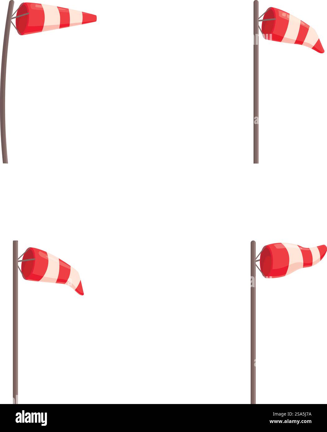 Quatre chaussettes isolées indiquant les différentes directions et forces du vent sur fond blanc. Ensemble de chaussettes à vent montrant différentes directions de vent Illustration de Vecteur