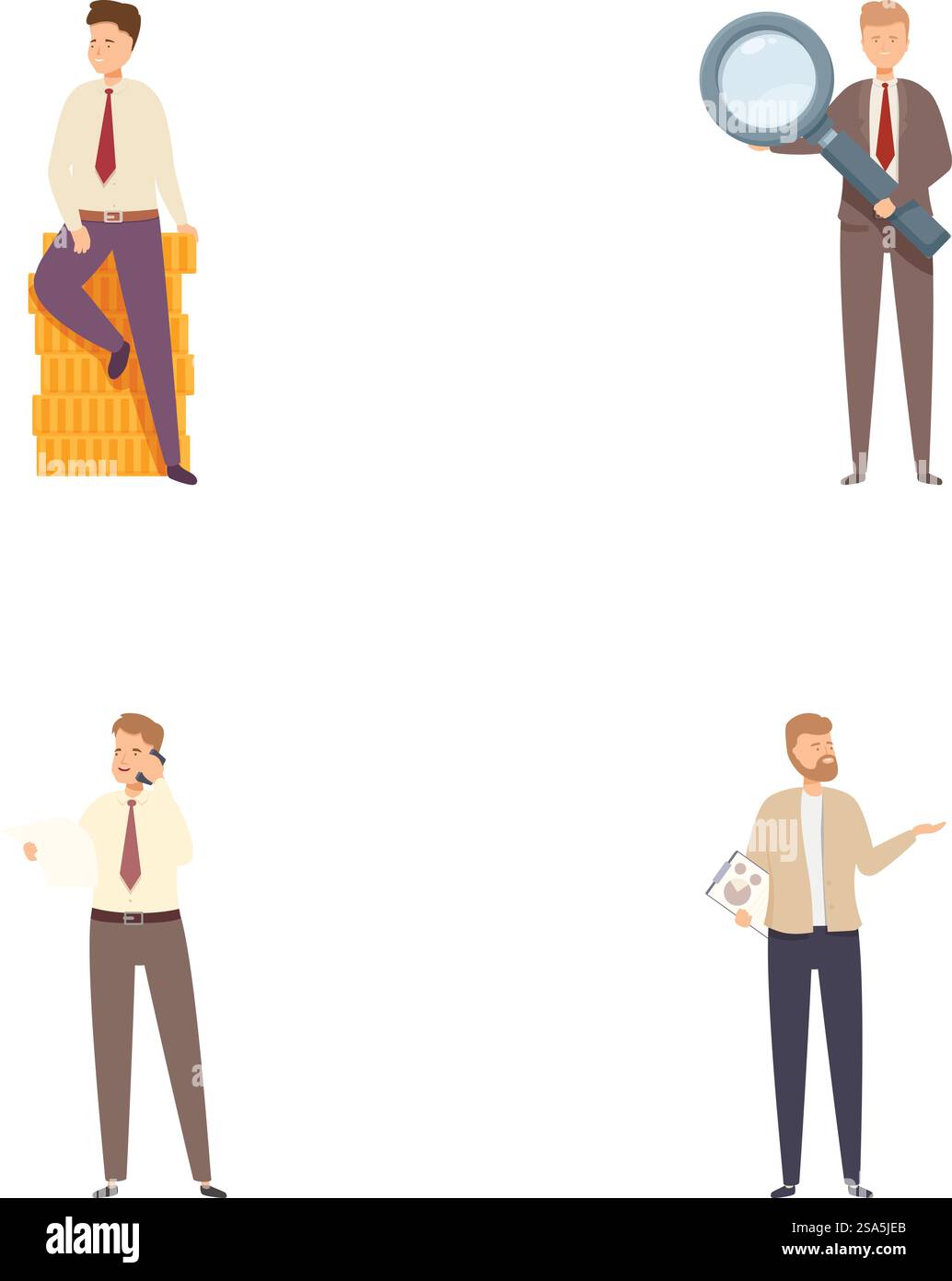 Collection de quatre hommes d'affaires illustrés effectuant différentes activités avec des accessoires. Ensemble d'hommes d'affaires dans diverses poses avec des outils Illustration de Vecteur