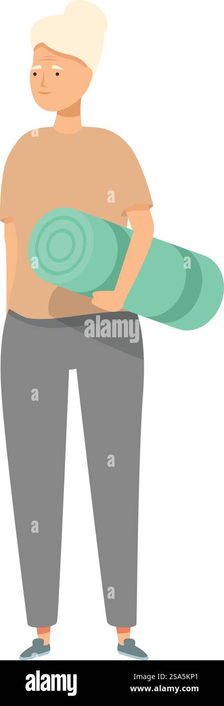 Femme âgée active tenant un tapis de yoga, favorisant un mode de vie sain dans la vieillesse. Femme senior tenant un tapis de yoga debout prêt pour le cours de fitness Illustration de Vecteur