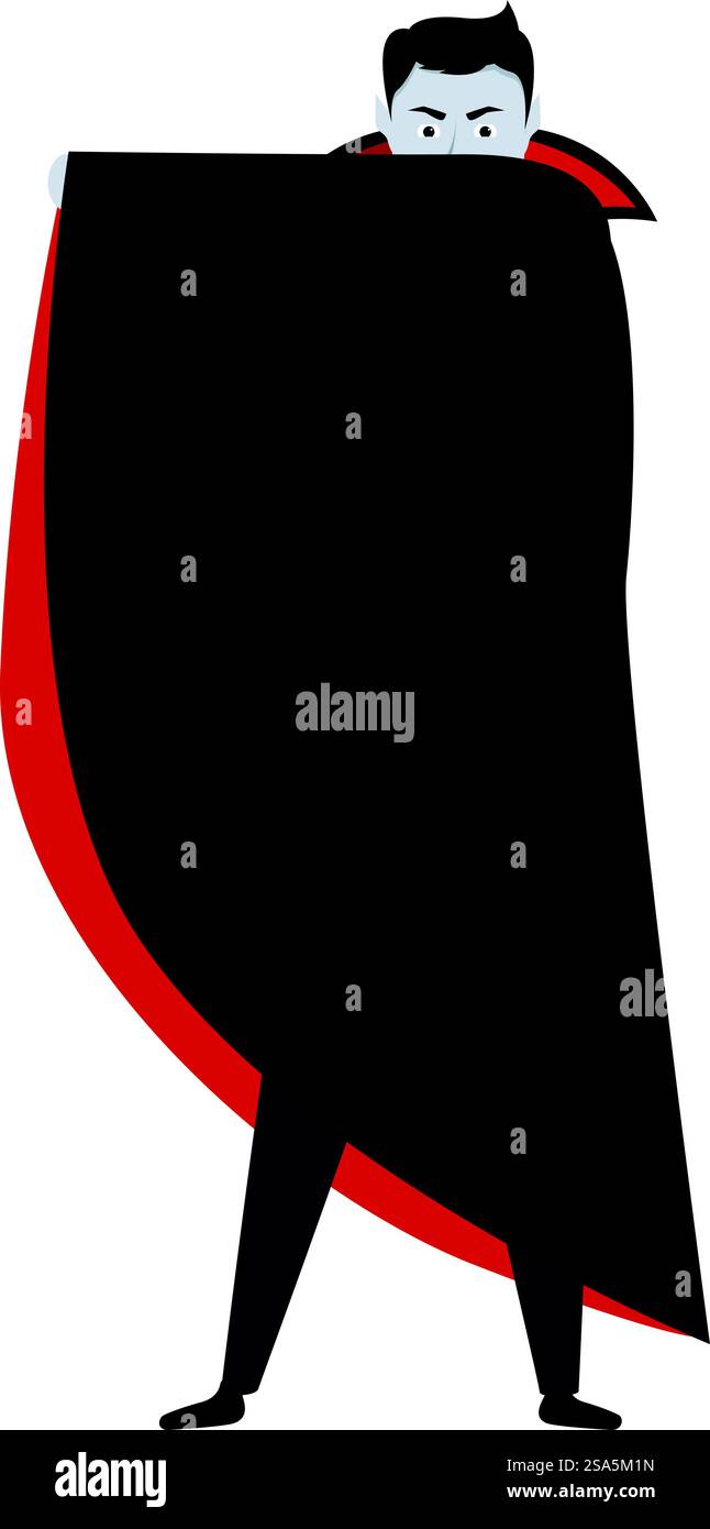 Vampire cachant son visage derrière son manteau, costume de fête d'halloween. Vampire effrayant regardant derrière sa cape Illustration de Vecteur