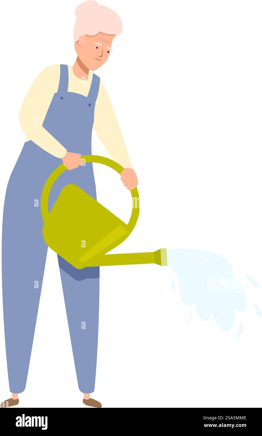 Une femme âgée portant une salopette arrose des plantes avec un grand arrosoir. Agriculteur senior arrosant les plantes, appréciant le passe-temps agricole Illustration de Vecteur