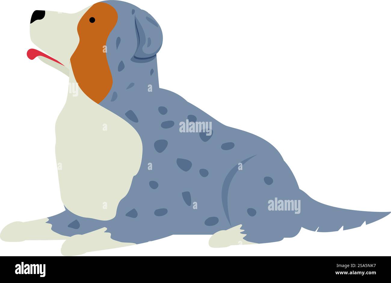 Blue merle chien berger australien allongé et haletant, vue de côté, dans le style dessin animé. Chien berger australien Blue merle qui s'allonge et halète Illustration de Vecteur