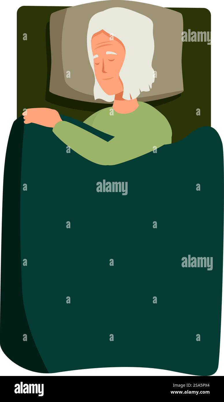Femme senior bénéficiant d'un sommeil paisible dans le lit, se reposant confortablement sous une couverture chaude. Femme âgée dormant paisiblement dans le lit avec couverture Illustration de Vecteur