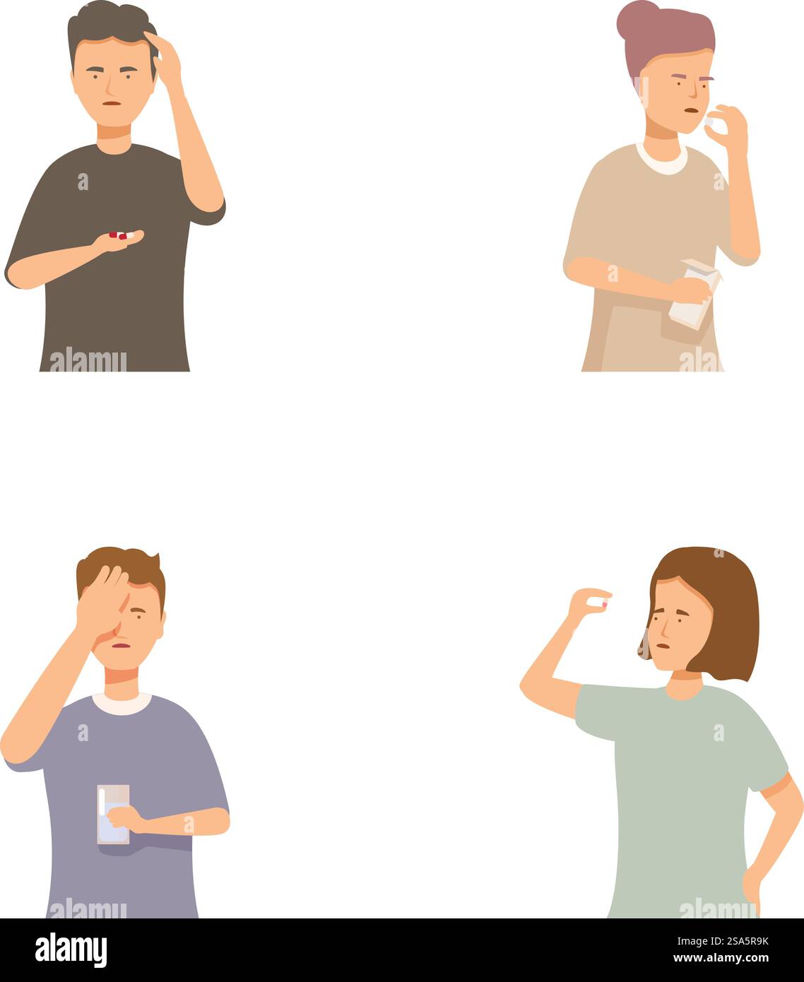 Ensemble de quatre illustrations de dessins animés montrant des individus aux expressions perplexes, certains tenant la tête. Diverses personnes exprimant la confusion et l'oubli Illustration de Vecteur