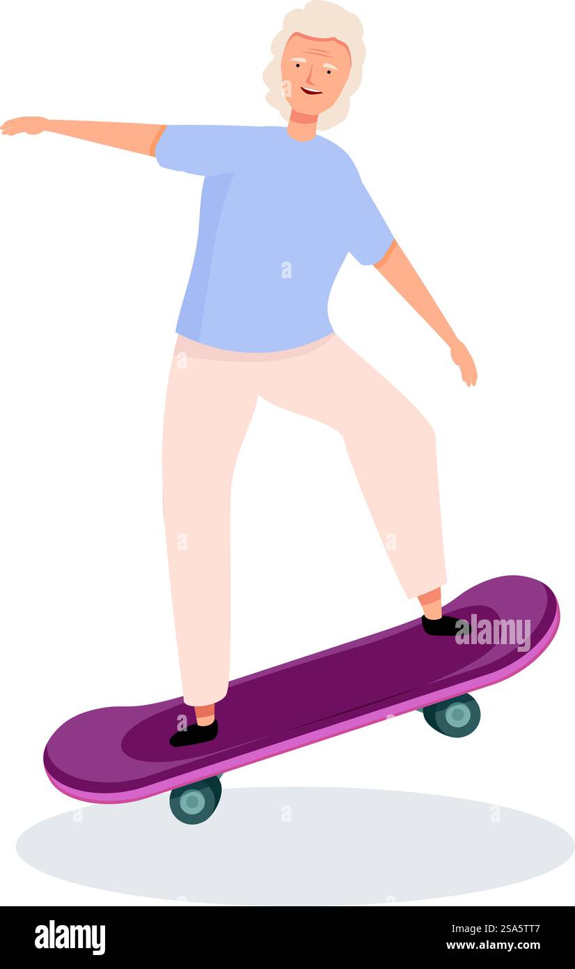 La femme âgée fait du skateboard, mettant en valeur le concept de vieillissement actif et poursuivant des passe-temps dans la vie plus tard. Femme âgée appréciant le skateboard dans le style de vie moderne de retraite Illustration de Vecteur