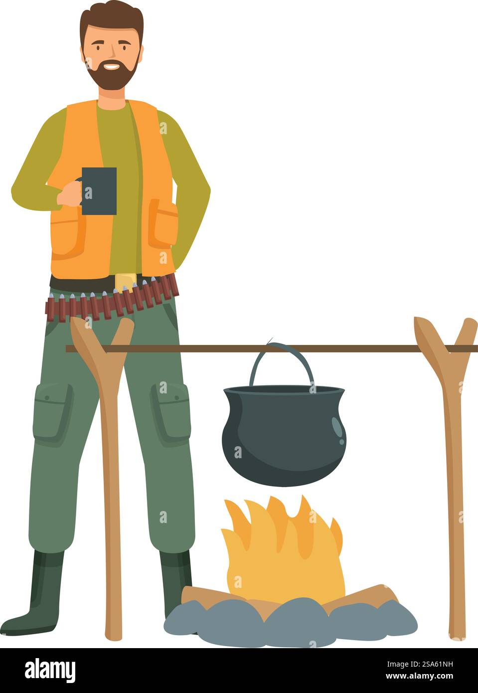 Hunter déguste une tasse de café près du feu de camp après une longue journée de chasse. Chasseur buvant du café près d'un feu de camp avec pot suspendu Illustration de Vecteur