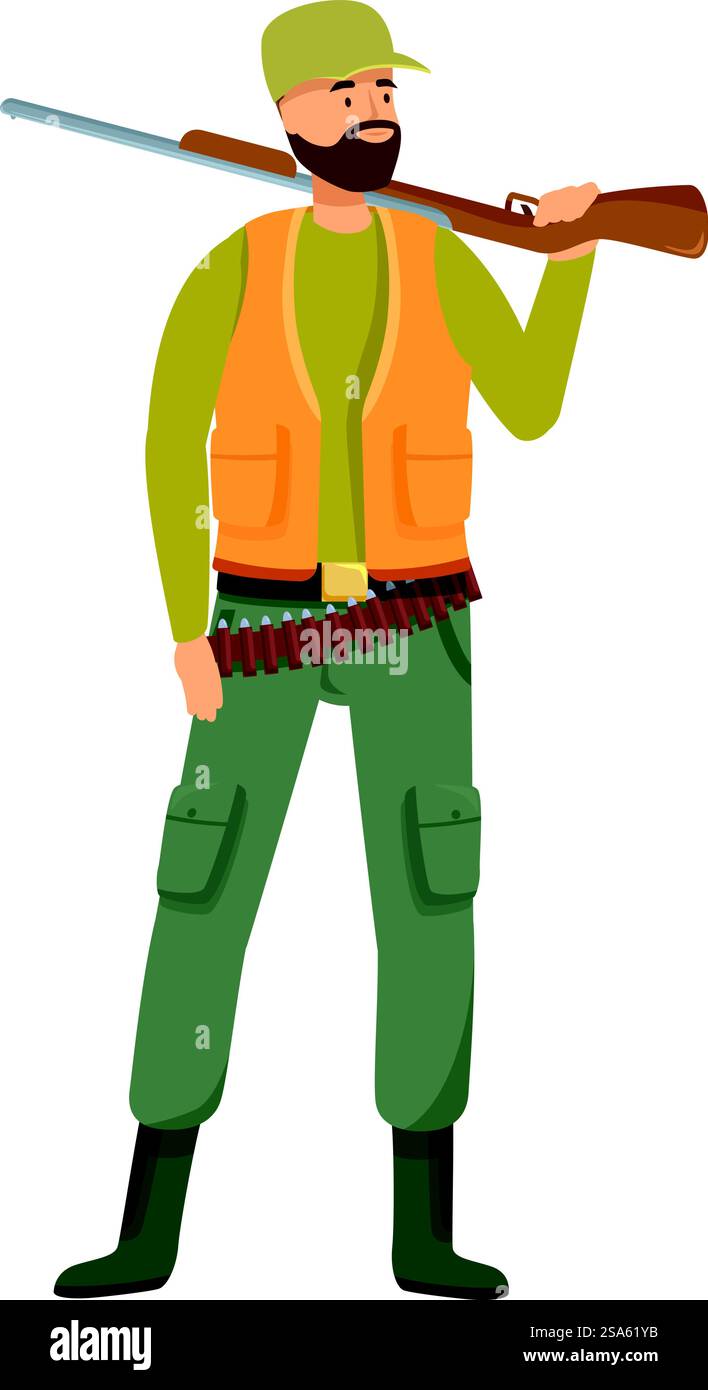 Hunter est debout avec son fusil sur son épaule, prêt pour une journée dans les bois. Chasseur portant un gilet orange tenant un fusil sur son épaule Illustration de Vecteur