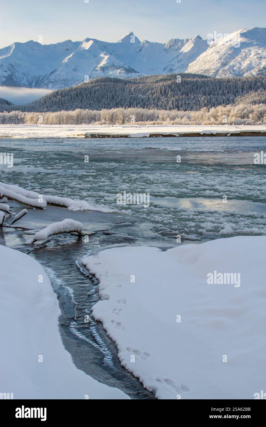 États-Unis, Alaska, vallée de la rivière Chilkat. Paysage de montagne et de lac en hiver. Banque D'Images