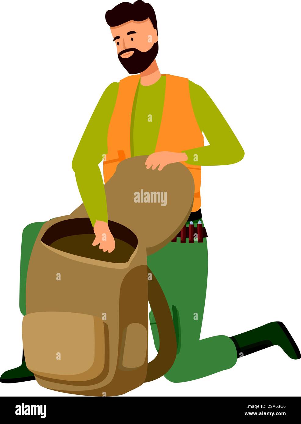Hunter portant un gilet orange s'agenouille et ouvre son sac à dos. Hunter ouvrant sac à dos se préparant à la chasse Illustration de Vecteur
