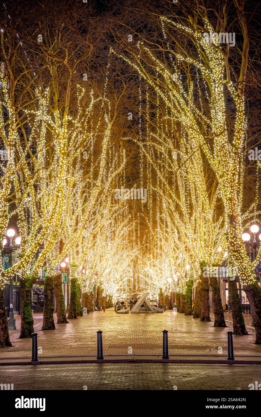 Une vue sereine sur Occidental Square à Seattle illuminée par des lumières de Noël éblouissantes, créant une atmosphère de vacances magique. Banque D'Images