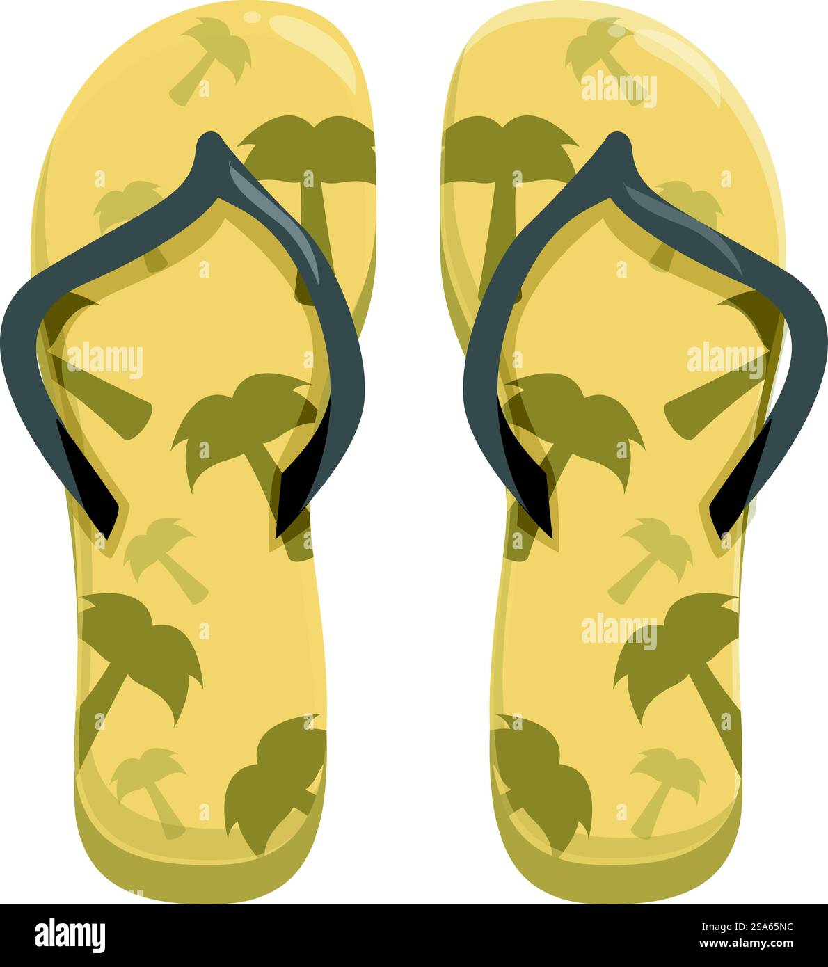 Paire de tongs jaunes montrant le motif palmier, parfait pour illustrer les vacances d'été dans une destination tropicale. Paire de tongs jaunes montrant la conception de palmier pour les vacances d'été Illustration de Vecteur