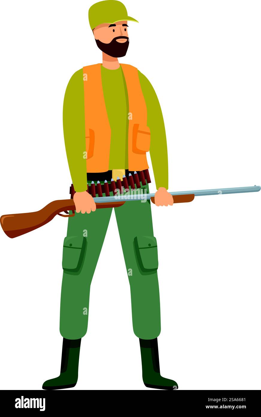 Hunter tient un fusil et porte un gilet orange. Chasseur barbu tenant un fusil portant un gilet orange Illustration de Vecteur