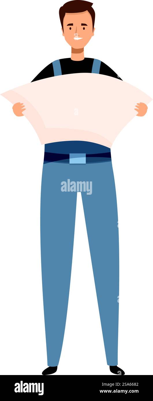 Le travailleur de la construction tient un grand plan. Travailleur de la construction souriant tenant un plan Illustration de Vecteur