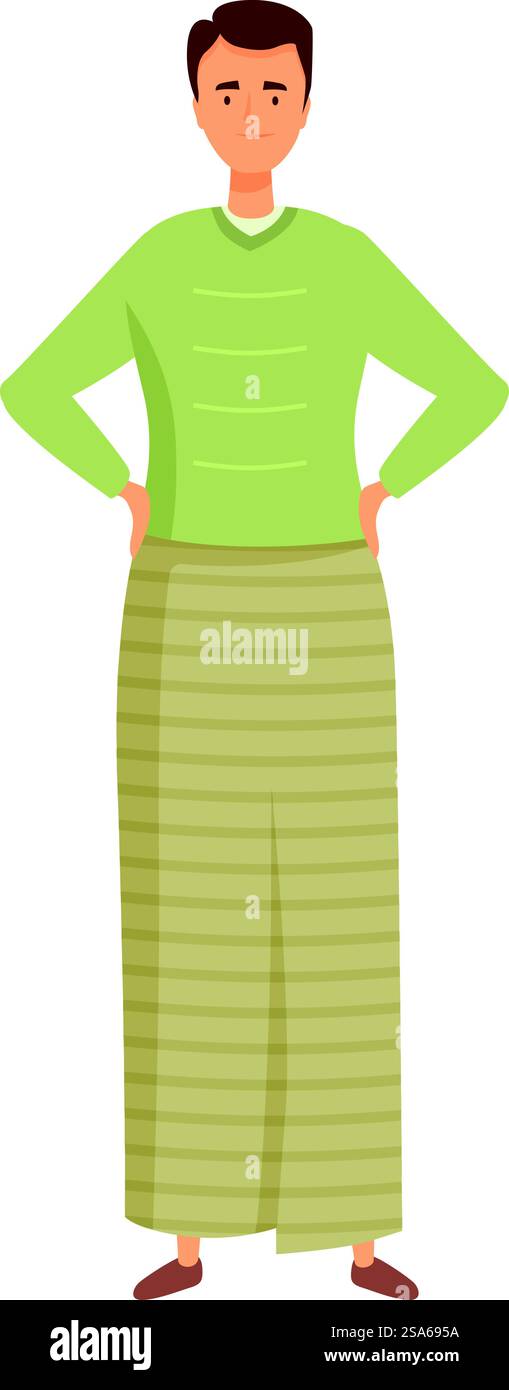 L'homme confiant est debout avec ses mains sur ses hanches, montrant un sens unique du style. Homme confiant debout avec les mains sur les hanches portant un pull vert et une jupe longue Illustration de Vecteur