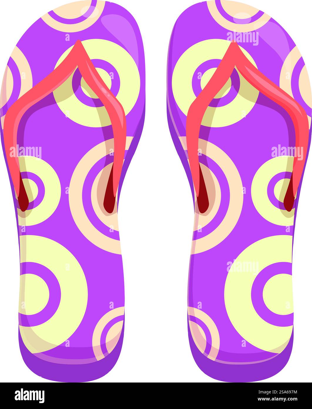 Paire de tongs violettes avec un motif de cercle est posée sur un fond blanc, évoquant des vibrations estivales. Paire de tongs violettes avec motif circulaire montrant des vibrations estivales Illustration de Vecteur