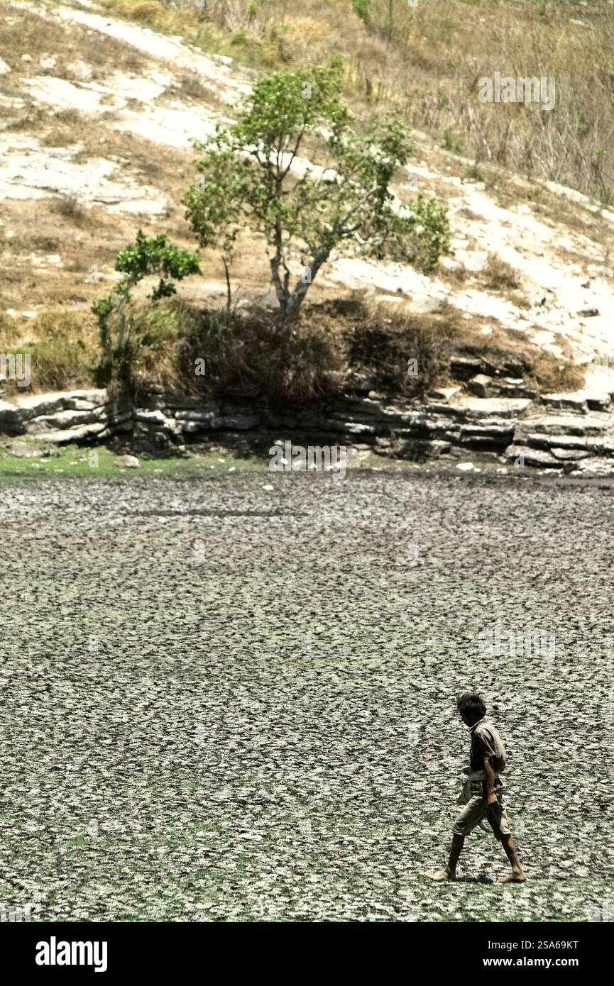 Un agriculteur marchant sur un sol fissuré à la base d'un étang de séchage pendant la saison sèche à East Sumba, East Nusa Tenggara, Indonésie. Banque D'Images