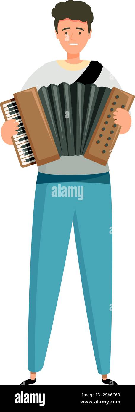Le jeune musicien joue de l'accordéon avec le sourire sur le visage. Jeune musicien jouant de l'accordéon portant des vêtements décontractés Illustration de Vecteur