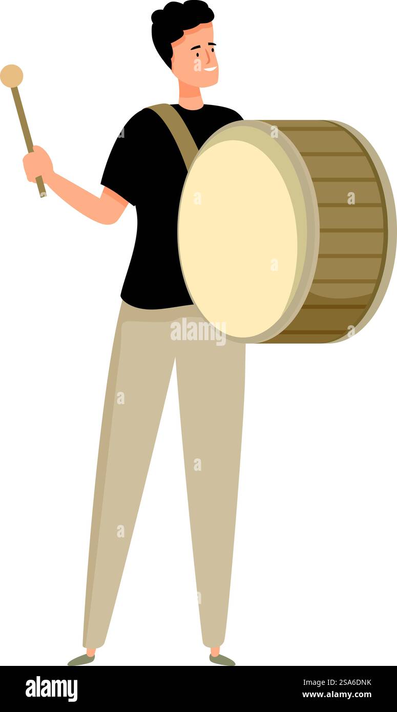 Musicien masculin est debout et joue un gros tambour avec un baguette de tambour. Musicien de rue jouant un gros tambour Illustration de Vecteur