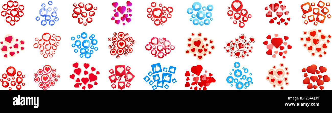 vivre comme des icônes définies. Diverses combinaisons d'icônes Like et Heart flottent, symbolisant les commentaires positifs et l'approbation sur les plateformes de médias sociaux. vivre comme des icônes définies. Ensemble d'icônes Like et Heart représentant l'engagement des médias sociaux Illustration de Vecteur
