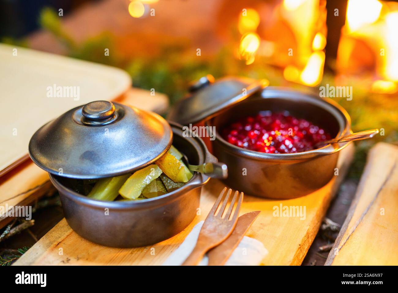 Airelles et concombres marinés traditionnellement servis avec des rennes sautés et de la purée de pommes de terre Banque D'Images