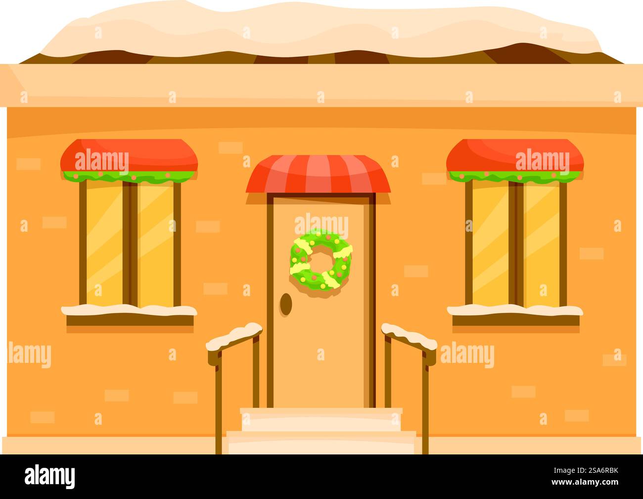 Maison de banlieue confortable avec de la neige sur son toit et une couronne de noël sur la porte, parfait pour les cartes de vœux, illustrations, et plus encore. Petite maison de banlieue orange couverte de neige célébrant noël avec une couronne sur la porte Illustration de Vecteur