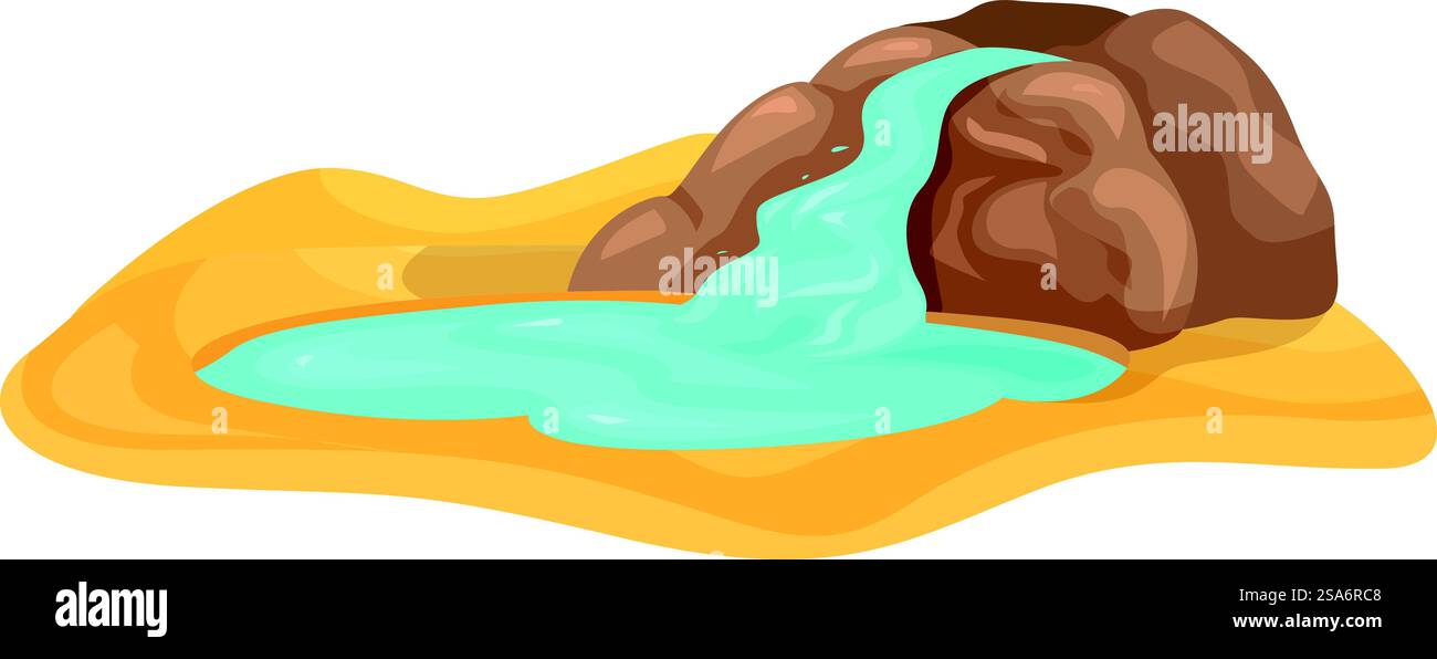 Illustration représentant une petite cascade coulant de pierres, créant un étang dans le sable sec du désert. Petite cascade coulant de pierres créant un étang dans le sable du désert Illustration de Vecteur