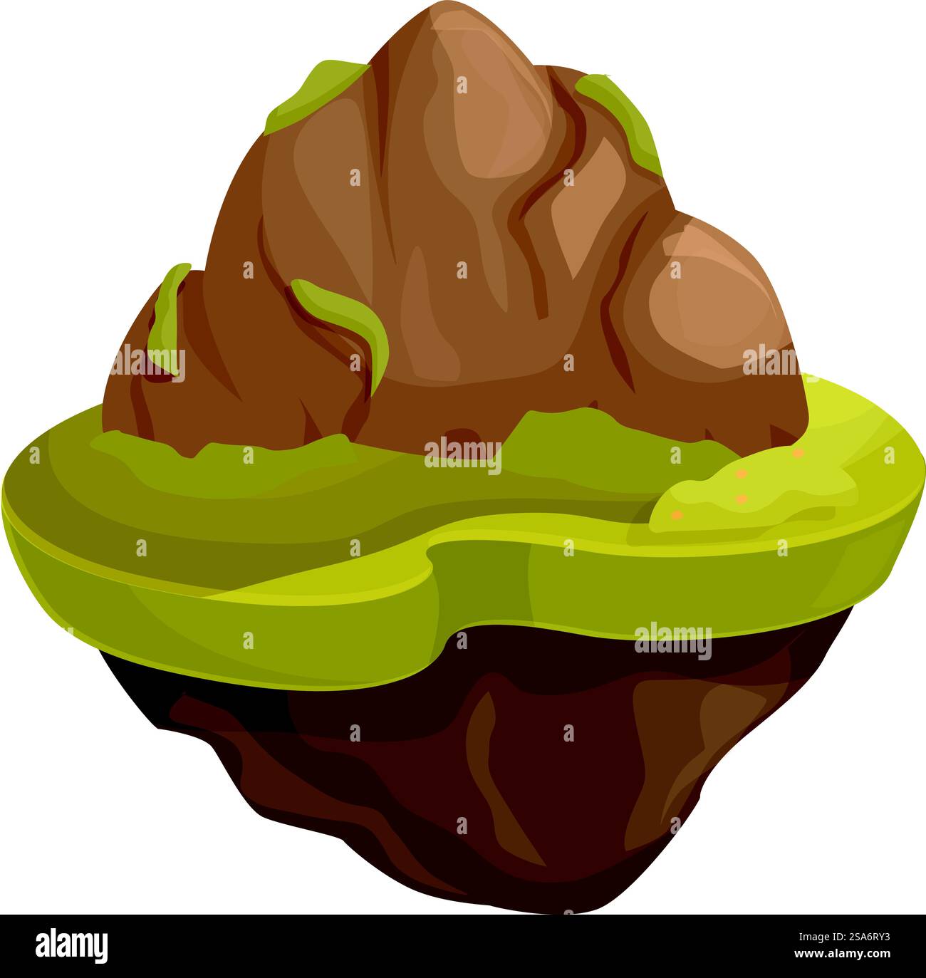 Île flottante de dessin animé avec de l'herbe verte et des rochers. Île flottante avec herbe verte et rochers Illustration de Vecteur