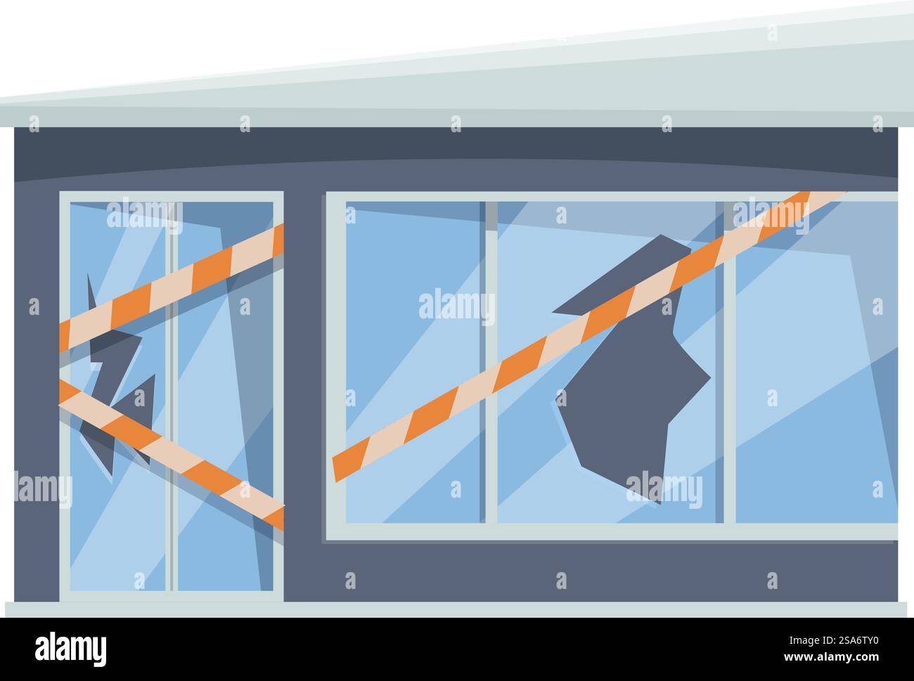 Illustration d'un magasin vacant avec des fenêtres brisées recouvertes de ruban de barricade. Bâtiment abandonné avec des fenêtres brisées est entouré de ruban d'avertissement Illustration de Vecteur