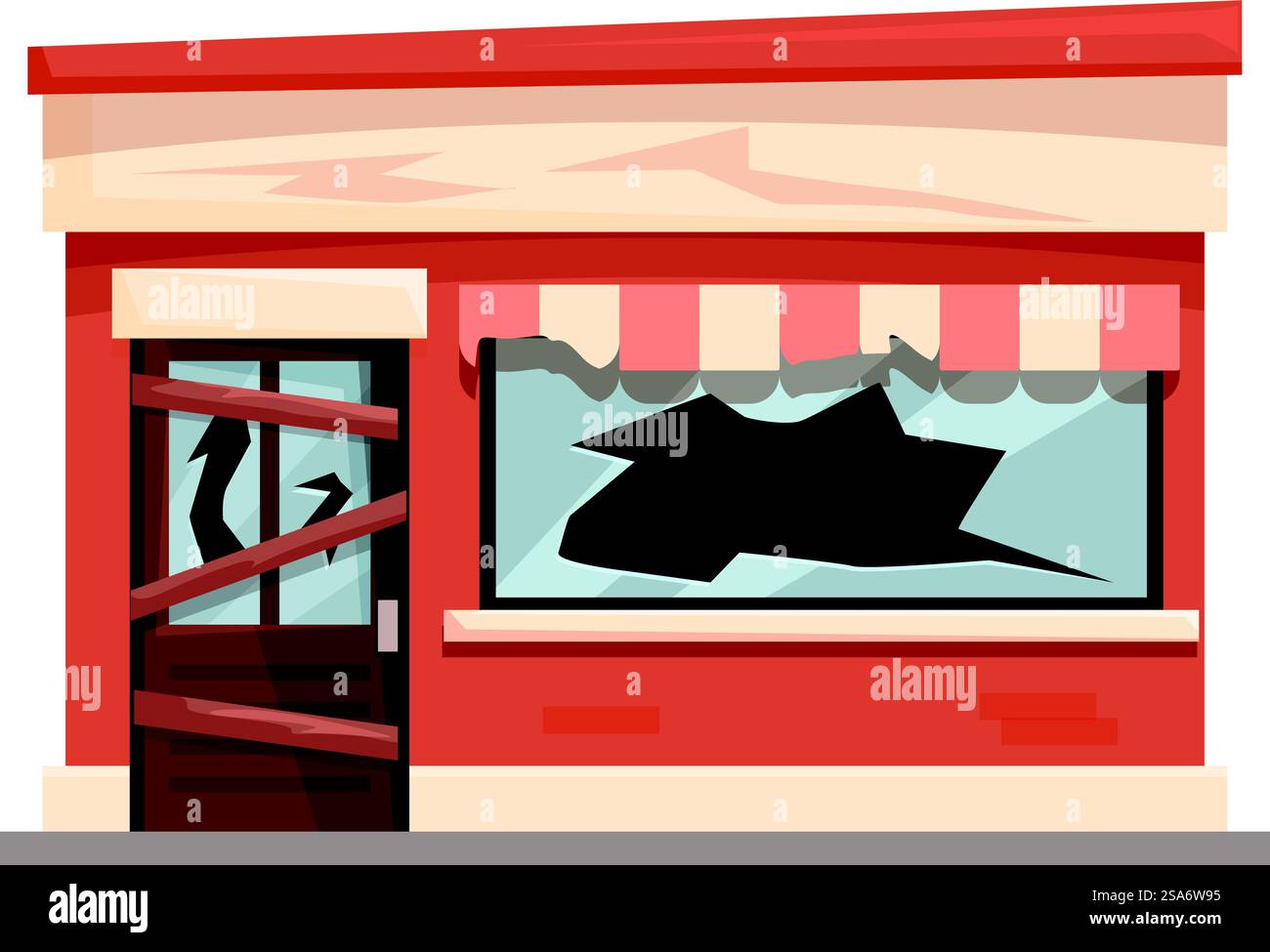 Magasin abandonné avec porte fermée et fenêtre cassée illustrant la faillite. Embarqué dans un magasin avec une fenêtre cassée montrant les conséquences de la crise financière Illustration de Vecteur