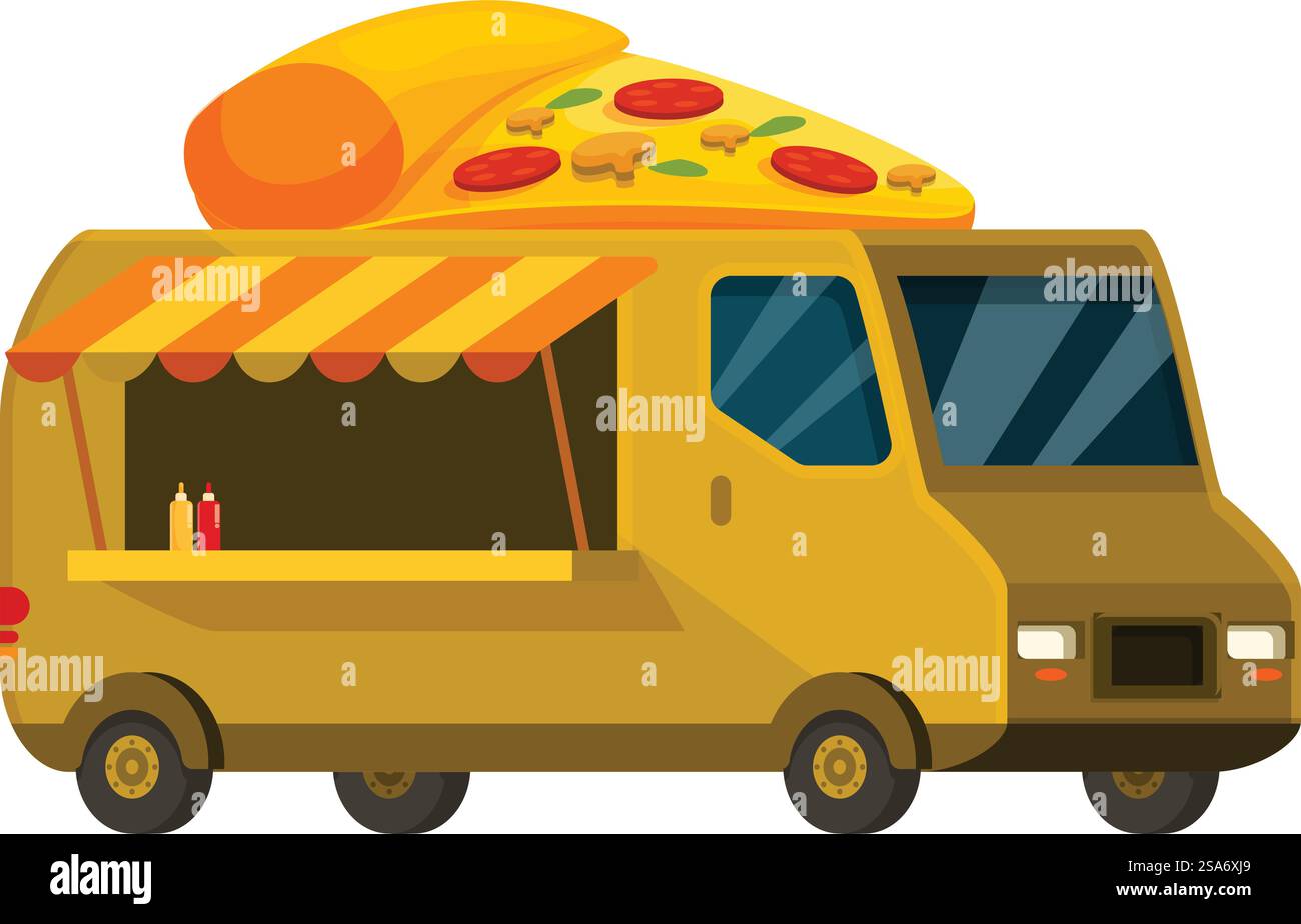Camion alimentaire jaune vendant des tranches de pizza dans la rue avec une grosse tranche sur le toit. Camion alimentaire jaune vendant des tranches de pizza dans la rue Illustration de Vecteur