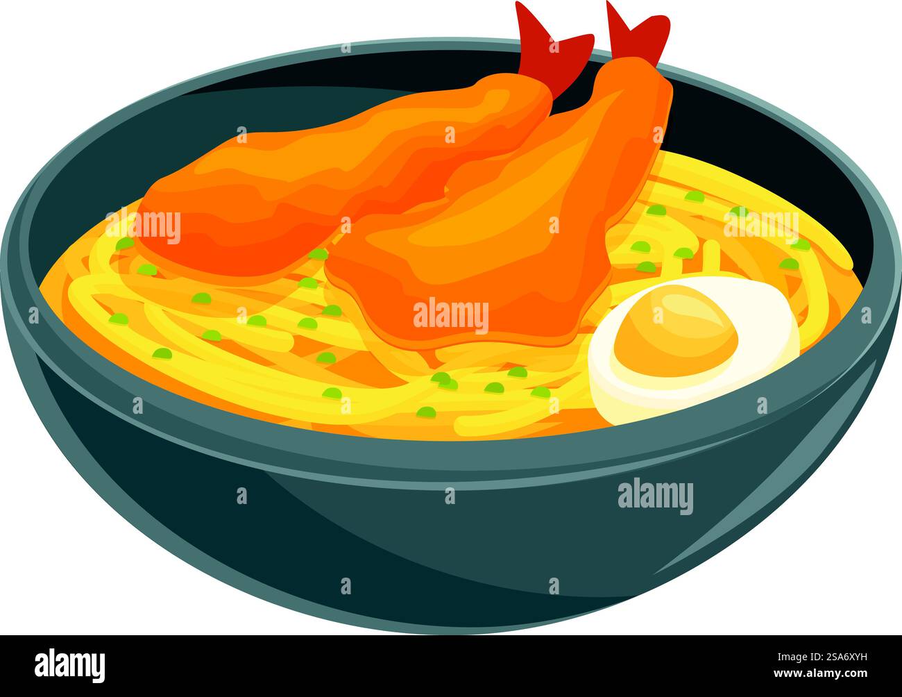 Bol gris de soupe ramen appétissante avec crevettes, nouilles, œuf et légumes verts. Bol de soupe ramen avec crevettes et oeuf, plat de cuisine asiatique Illustration de Vecteur