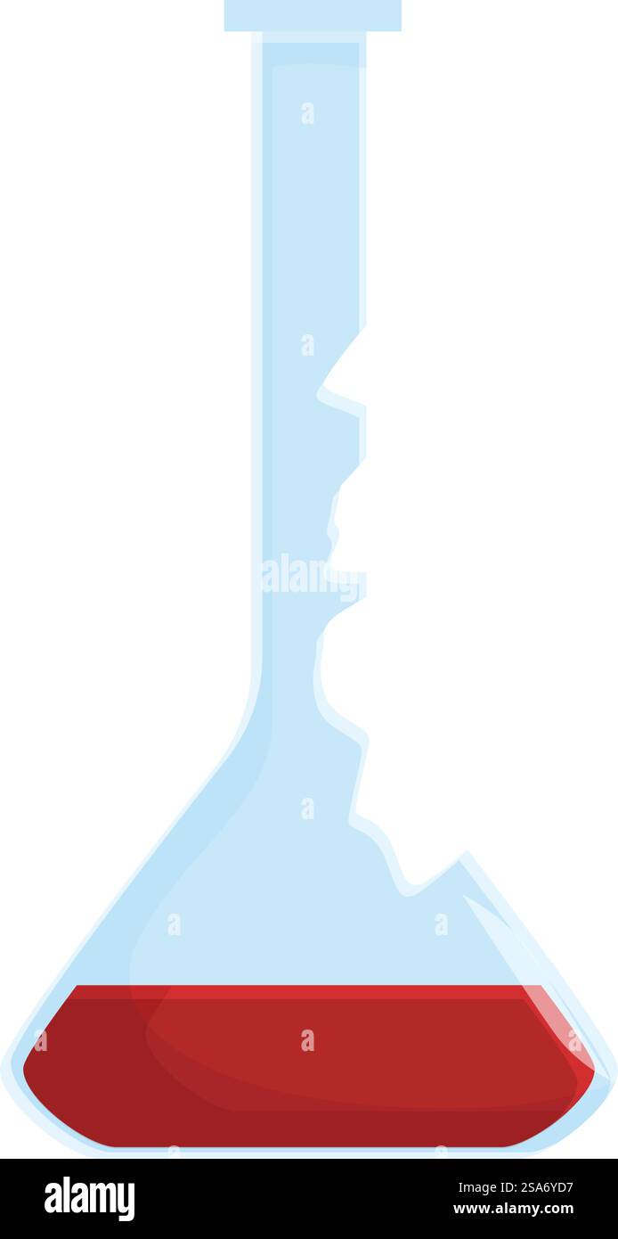 Une fiole de chimie cassée fuit un liquide chimique rouge. Flacon de chimie cassé montrant un liquide chimique rouge Illustration de Vecteur
