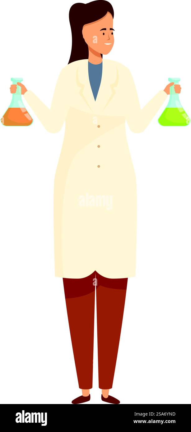 Un scientifique compare deux liquides chimiques différents dans un laboratoire. Femme chimiste tenant deux flacons avec du liquide chimique Illustration de Vecteur
