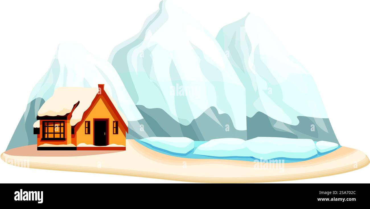 Scène hivernale idyllique avec une maison en bois confortable nichée au milieu des montagnes enneigées et un lac gelé, parfait pour l'hiver et les thèmes de vacances. Petite maison en bois nichée dans les montagnes enneigées avec lac gelé Illustration de Vecteur